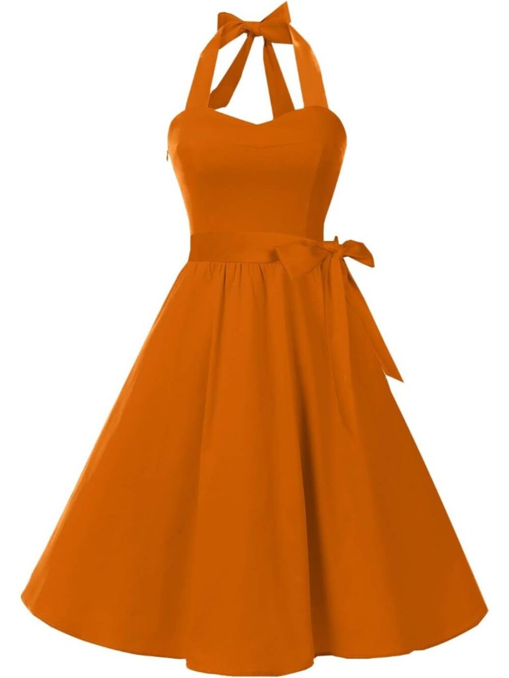 Women's Orange Halter Neck Vintage Polka Audrey Retro Cocktail Dress